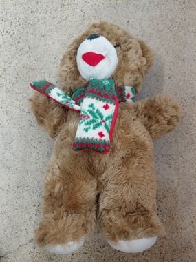 Plush Brown Teddy Bear with Festive Green & Red Scarf